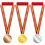 Three Medals On Red Ribbon Stock Photo