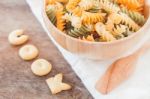 Cook Alphabet Biscuit With Fusili Pasta Stock Photo