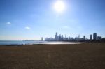 Chicago Skyline In Winter, Frozen Lake Michigan Stock Photo