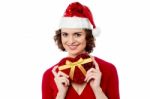 Attractive Santa Woman With Gift Box Stock Photo