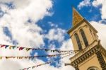 Spire And Flags Stock Photo