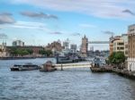 Hms Belfast Anchored Near Tower Bridge Stock Photo