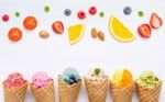 Various Of Ice Cream Flavor In Cones Blueberry ,strawberry ,pist Stock Photo