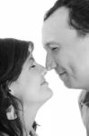 Happy Young Couple Portrait Smiling Isolated Over A White Backgr Stock Photo