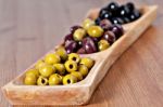 Variety Of Green, Black And Mixed Marinated Olives Stock Photo