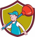 Plumber Carrying Plunger Walking Shield Cartoon Stock Photo