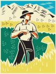 Farmer Standing With Scythe Field Woodcut Stock Photo