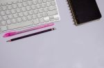 Office Desk Top View Stock Photo