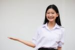 Portrait Of Thai High School Student Uniform Beautiful Girl Show Hand Stock Photo