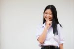 Portrait Of Thai High School Student Uniform Beautiful Girl Silently Stock Photo