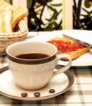 Coffee With Toast Represents Fruit Jams And Break Stock Photo