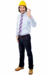 Full Length Image Of Engineer With Ok Sign Stock Photo