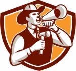 Cowboy Auctioneer Bullhorn Gavel Shield Stock Photo