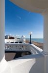 View Through A Colonnade In The Grounds Of The De La Warr Pavili Stock Photo