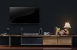 Led Tv On Concrete Wall With Wooden Furniture In Living Room Stock Photo