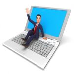 Businessman On Laptop Means World Wide Web And Biz Stock Photo