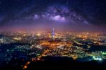 South Korea Skyline Of Seoul, The Best View Of South Korea With Lotte World Mall At Namhansanseong Fortress Stock Photo