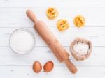 Ingredients For Homemade Pasta  Flour And Eggs On Wooden Backgro Stock Photo