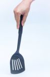 Black Plastic Kitchen Spatula On White Background Stock Photo