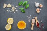 The Ingredients For Homemade Pesto Sauce Basil, Parmesan Cheese Stock Photo