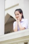 Portrait Of Thai High School Student Uniform Teen Beautiful Girl Happy And Relax, Stock Photo