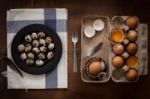 Quail Eggs Flat Lay Still Life Rustic With Food Stylish Stock Photo