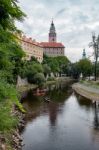 People Canoeing Down The Vlatava River To Krumlov Stock Photo