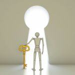 Businessman Keep Key Into A Gate Shaped Like A Keyhole Stock Photo