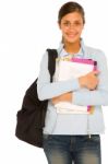 Girl Student Holding Books And Bag Stock Photo