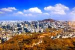 View Of Cityscape And Seoul Tower In Seoul, South Korea. Autumn Stock Photo