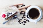 Coffee And Cake Sweets Dessert On Wood Desk In Morning Stock Photo