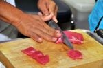 Chef Cutting Tuna Fish Stock Photo