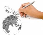 Hand Drawing Airplane For Travel Stock Photo