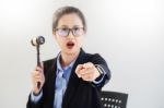 Young Business Woman Raising Her Hand Showing Bidding Gesture Wi Stock Photo