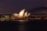 Close Up Opera House In Sydney At Night, Reflection On Harbour V Stock Photo