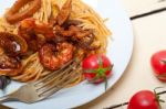 Italian Seafood Spaghetti Pasta On Red Tomato Sauce Stock Photo