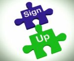 Sign Up Puzzle Shows Joining Or Membership Stock Photo