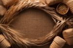 Malt Still Life Rope Flax Frame Sackcloth Background Stock Photo