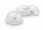 Two White Rounded Cosmetic Jar On White Background Stock Photo