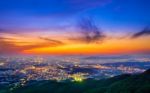 South Korea Skyline Of Seoul, The Best View Of South Korea With Lotte World Mall At Namhansanseong Fortress Stock Photo