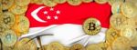 Bitcoins Gold Around Singapore  Flag And Pickaxe On The Left.3d Stock Photo