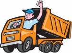 Dump Truck Driver Waving Cartoon Stock Photo