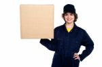 Delivery Woman Balancing A Sealed Carton Stock Photo