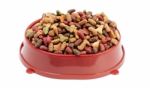 Multicolored Dry Cat Or Dog Food In Red Bowl Isolated On White B Stock Photo