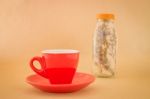 Beautiful Red Coffee Cup On Romantic  Table Stock Photo