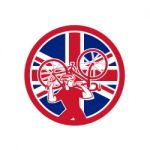 British Bike Mechanic Union Jack Flag Mascot Stock Photo