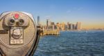 Close Up Of Tower Viewer Binoculars With Blurred New York City S Stock Photo