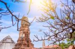 Old Ancient Pagoda In Lopburi Thailand, With Old Exterior Brick Wall Background Vintage Style Grung Texture Stock Photo