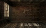 Empty Dark Old Abandoned Room With Old Cracked Brick Wall And Old Hardwood Floor With Volume Light Through Window Pane. Haunted Room In Dark Atmosphere With Dim Light, 3d Rendering Stock Photo