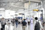 Blurred Background At Airport Terminal With Bokeh Light Stock Photo